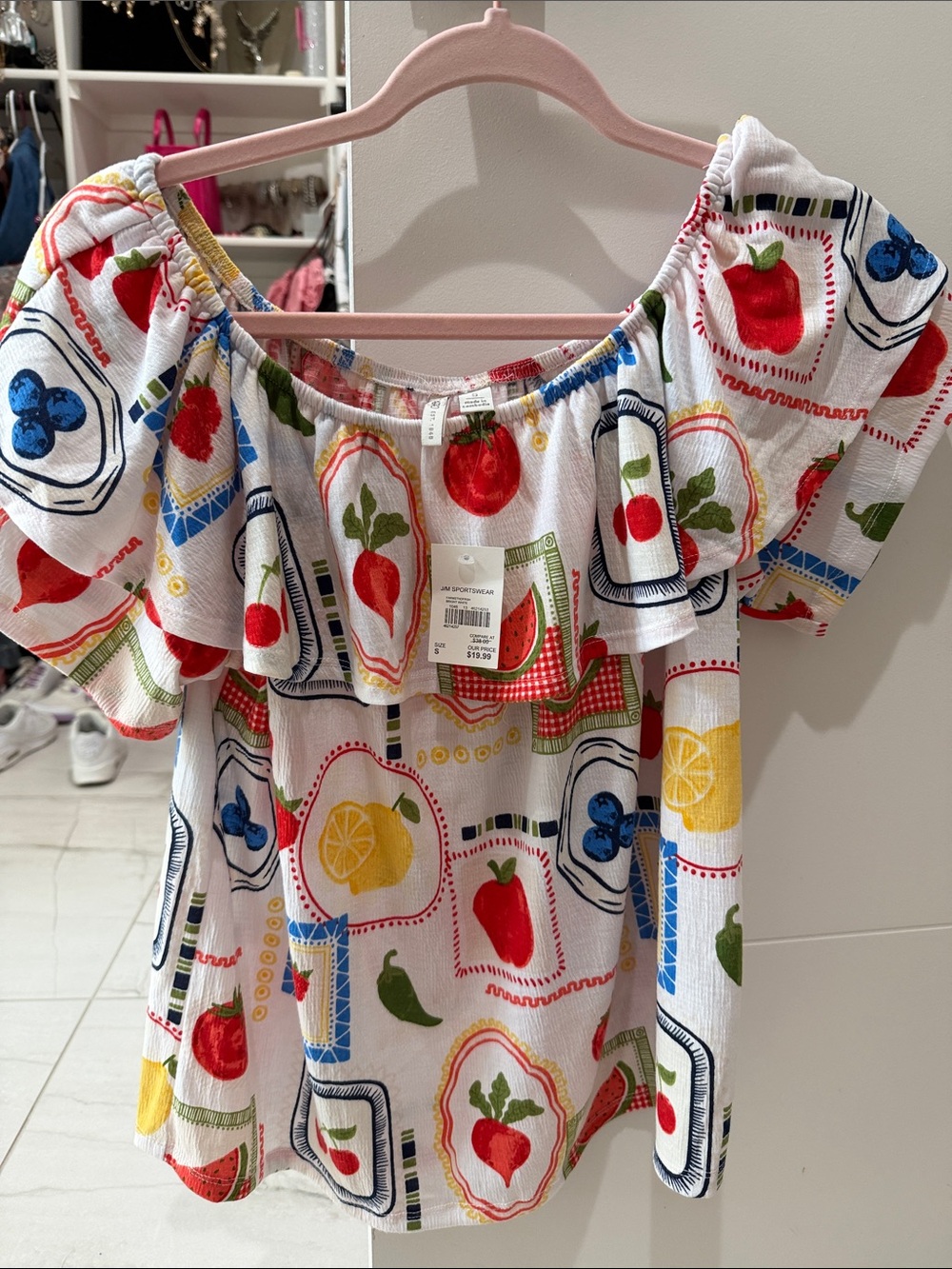Cato White Fruit-Print Ruffle Off-Shoulder Top